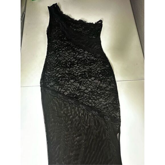 Dreamgirl Black Stretch Lace Asymmetrical One Shoulder Chemise Sz M See Notes - Picture 7 of 16